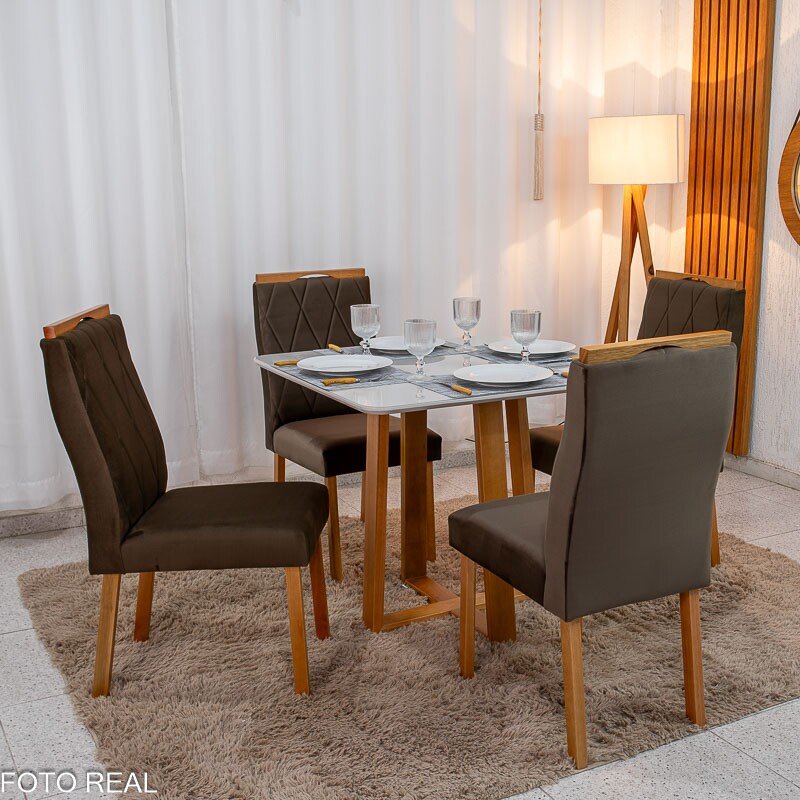 Mesa de Jantar Pedro 90x90 Vidro Off/Base Madeira + 4 Cad. Lisboa Veludo Marrom 509 Madeira Art Assento - Entregue Montada