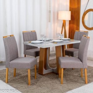 Mesa Sintonia 120x80 Tampo Vidro Off Base Amêndoa/Off - Lopas + 4 Cadeiras Gabi Linho Marrom Estrutura Madeira Bom Lar - Entregue Montada
