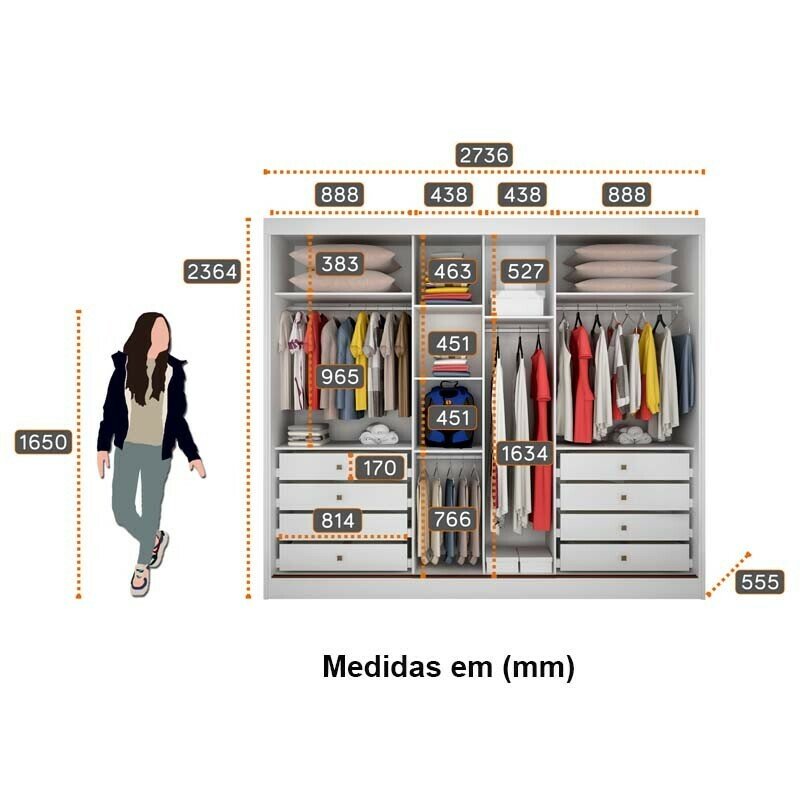 Guarda-roupa Casal 2,73m Sollo Plus Cumaru/Fendi 3 Portas 8 Gavetas 100% MDF com 1 Espelho - Novo Horizonte - Imagem 5