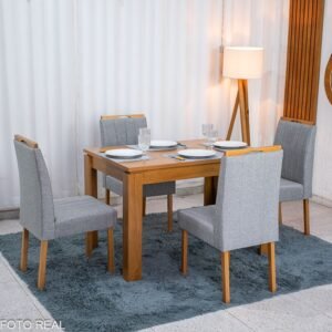 Mesa Athenas 120x80 Amêndoa Clean Tampo Maciço - Móveis Lopas + 4 Cad. Gabi Linho Cinza A Claro Madeira Maciça - Bom Lar