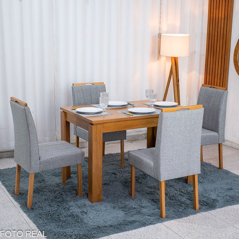 Mesa Athenas 120x80 Amêndoa Clean Tampo Maciço - Móveis Lopas + 4 Cad. Gabi Linho Cinza A Claro Madeira Maciça - Bom Lar
