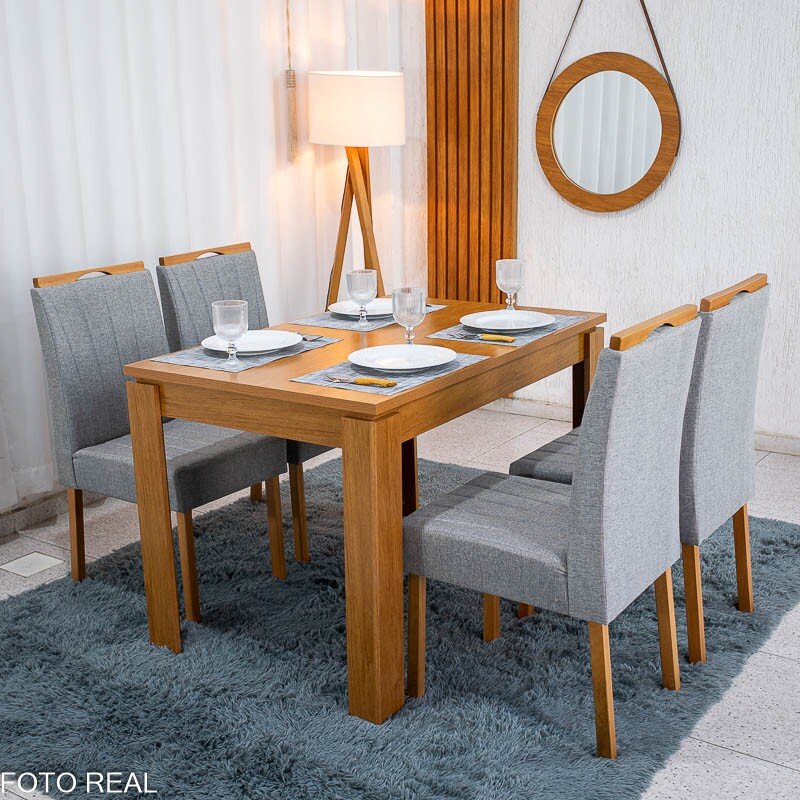 Mesa Athenas 120x80 Amêndoa Clean Tampo Maciço - Móveis Lopas + 4 Cad. Gabi Linho Cinza A Claro Madeira Maciça - Bom Lar - Imagem 2