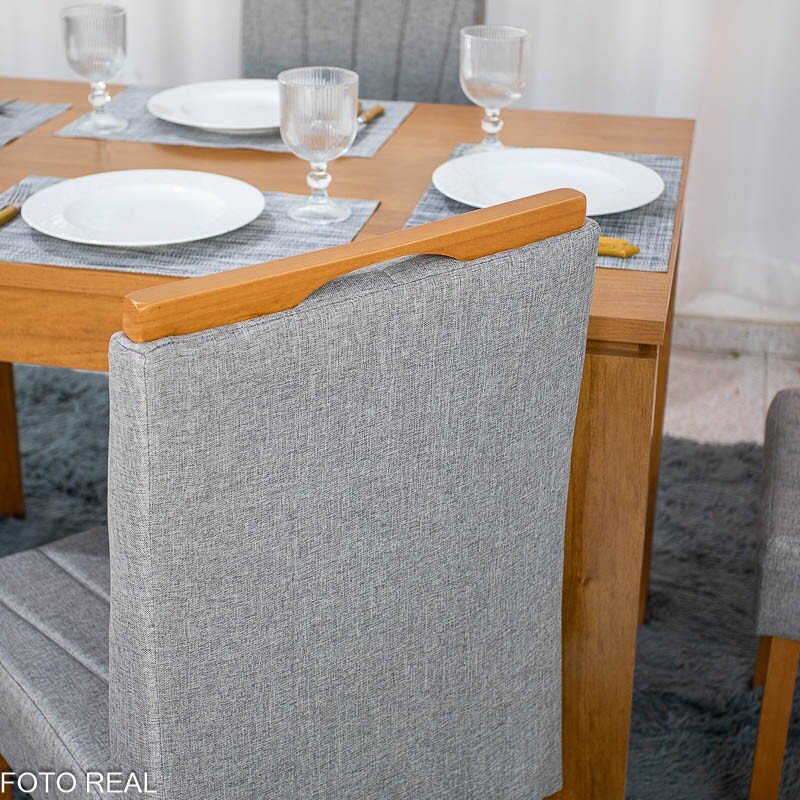 Mesa Athenas 120x80 Amêndoa Clean Tampo Maciço - Móveis Lopas + 4 Cad. Gabi Linho Cinza A Claro Madeira Maciça - Bom Lar - Imagem 3