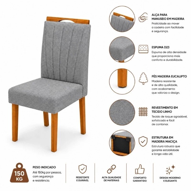 Mesa Athenas 120x80 Amêndoa Clean Tampo Maciço - Móveis Lopas + 4 Cad. Gabi Linho Cinza A Claro Madeira Maciça - Bom Lar - Imagem 6