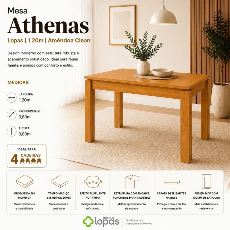 Mesa Athenas 120x80 Amêndoa Clean Tampo Maciço - Móveis Lopas + 4 Cad. Gabi Linho Cinza A Claro Madeira Maciça - Bom Lar - Imagem 10