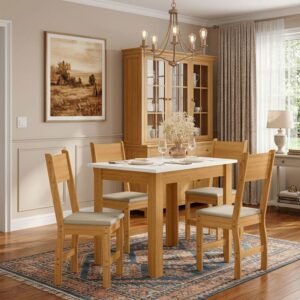 Mesa de Jantar Bellagio 108x68 Freijó Tampo Off + 4 Cadeiras Milano Korino Bege ( Freijó UV/Savana ) - Poliman