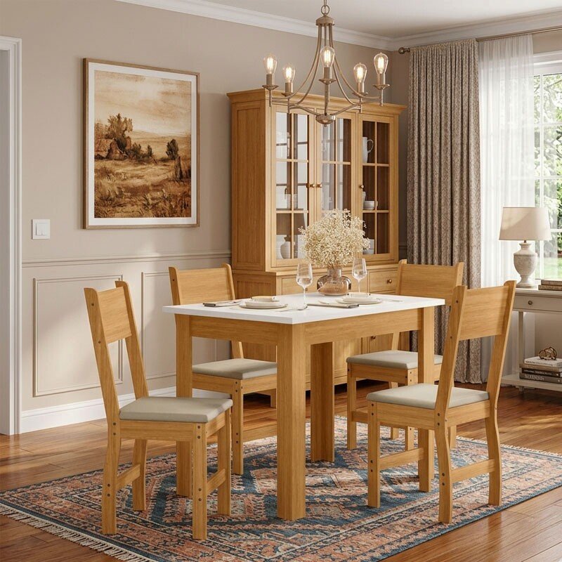 Mesa de Jantar Bellagio 108x68 Freijó Tampo Off + 4 Cadeiras Milano Korino Bege ( Freijó UV/Savana ) - Poliman