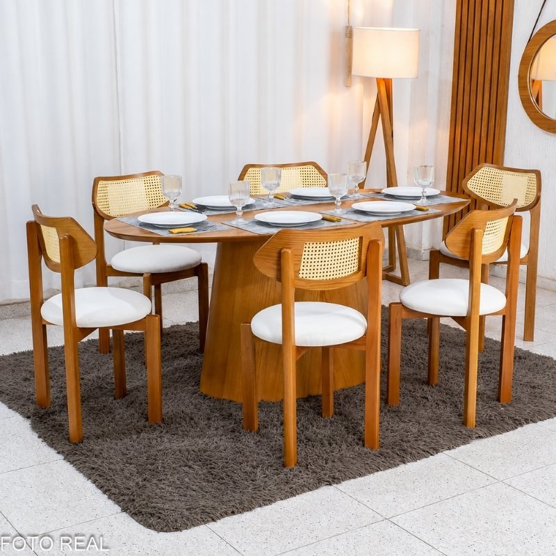 Mesa de Jantar Barcelona Oval 180x90 Cinamomo + 6 Cadeiras Munique Linho Bege Estrutura Madeira Minas Plac