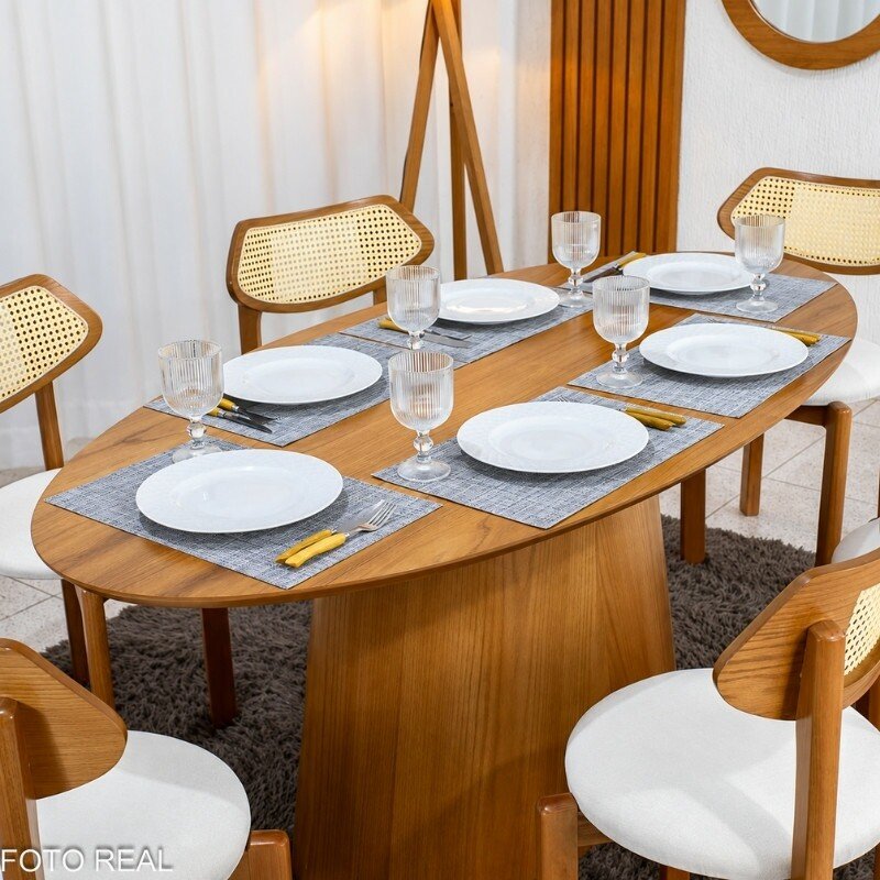 Mesa de Jantar Barcelona Oval 180x90 Cinamomo + 6 Cadeiras Munique Linho Bege Estrutura Madeira Minas Plac - Imagem 2