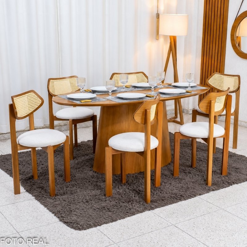 Mesa de Jantar Barcelona Oval 180x90 Cinamomo + 6 Cadeiras Munique Linho Bege Estrutura Madeira Minas Plac - Imagem 3