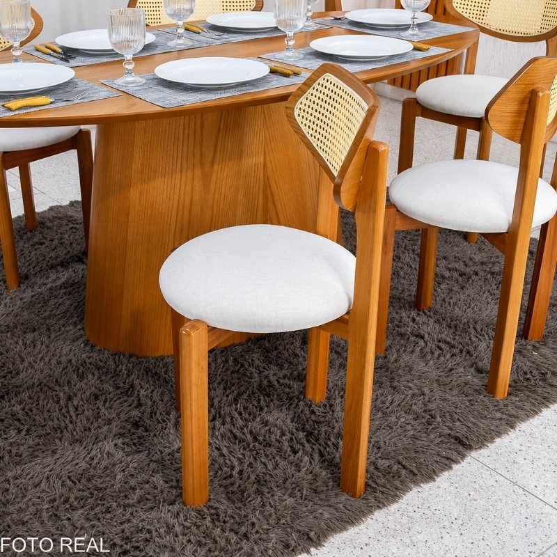 Mesa de Jantar Barcelona Oval 180x90 Cinamomo + 6 Cadeiras Munique Linho Bege Estrutura Madeira Minas Plac - Imagem 4