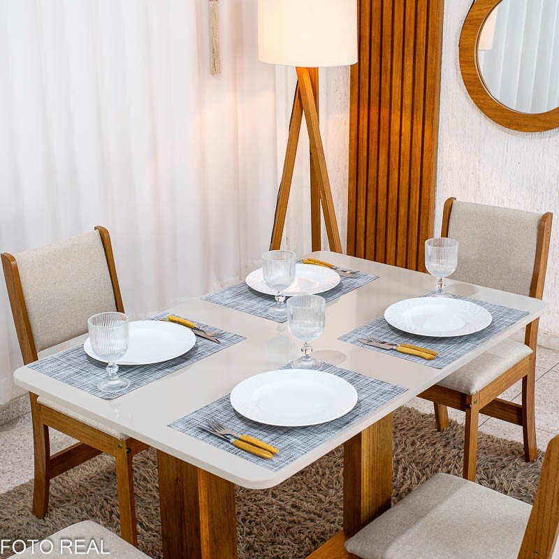 Mesa de Jantar Noor Mel 120x80 Tampo Off + 4 Cadeiras Sol Linho Bronze Bege - Viero - Imagem 2