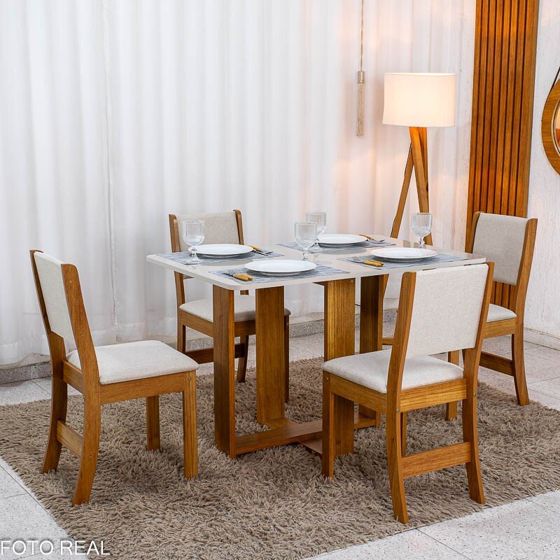 Mesa de Jantar Noor Mel 120x80 Tampo Off + 4 Cadeiras Sol Linho Bronze Bege - Viero - Imagem 3