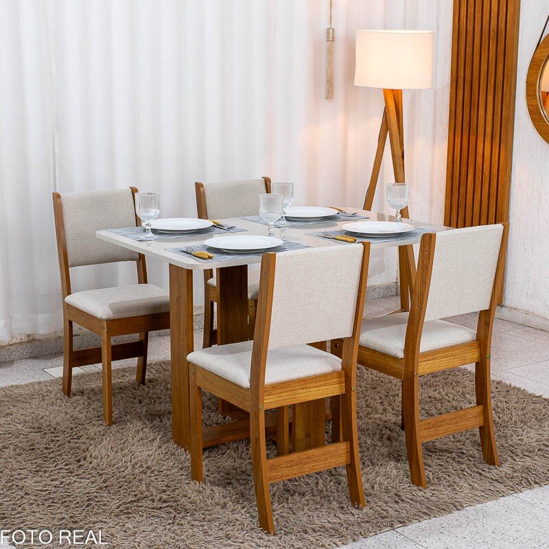 Mesa de Jantar Noor Mel 120x80 Tampo Off + 4 Cadeiras Sol Linho Bronze Bege - Viero - Imagem 4
