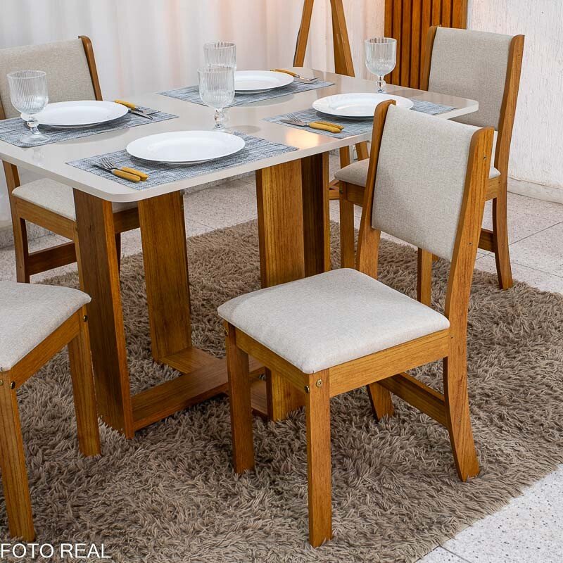 Mesa de Jantar Noor Mel 120x80 Tampo Off + 4 Cadeiras Sol Linho Bronze Bege - Viero - Imagem 5