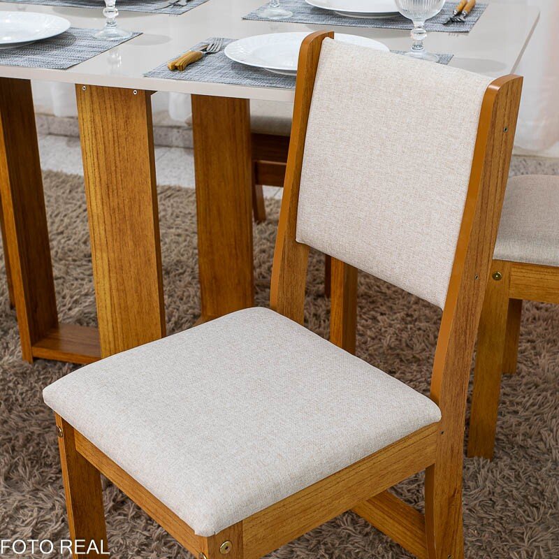 Mesa de Jantar Noor Mel 120x80 Tampo Off + 4 Cadeiras Sol Linho Bronze Bege - Viero - Imagem 6