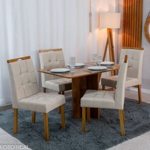 Mesa de Jantar Salina 120x80 Tampo Londres Cinamomo Cel Móveis + 4 Cadeiras Sophia Linho Bege 2000 Estrutura Madeira WM Decor - Entregue Montada