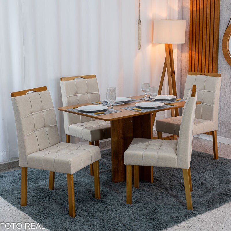 Mesa de Jantar Salina 120x80 Tampo Londres Cinamomo Cel Móveis + 4 Cadeiras Sophia Linho Bege 2000 Estrutura Madeira WM Decor - Entregue Montada