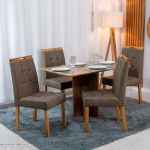 Mesa de Jantar Salina 120x80 Tampo Londres Cinamomo Cel Móveis + 4 Cadeiras Sophia Linho Marrom 207 Estrutura Madeira WM Decor - Entregue Montada