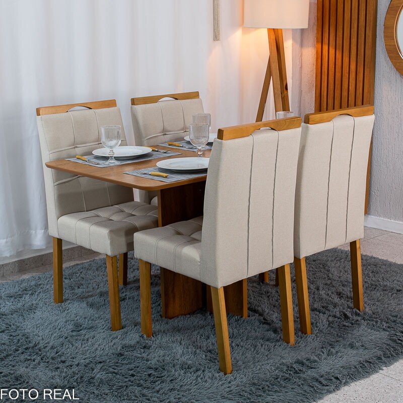 Mesa de Jantar Salina 120x80 Tampo Londres Cinamomo Cel Móveis + 4 Cadeiras Sophia Linho Bege 2000 Estrutura Madeira WM Decor - Entregue Montada - Imagem 4