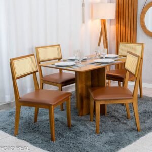 Mesa de Jantar Salina 120x80 Tampo Londres Cinamomo Cel Móveis + 4 Cadeiras Ava Corino Caramelo 302 Estrutura Madeira Prensar - Entregue Montada