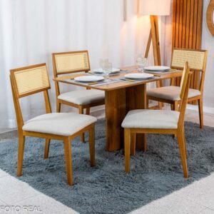 Mesa de Jantar Salina 120x80 Tampo Londres Cinamomo Cel Móveis + 4 Cadeiras Ava Linho Aveia 106 Estrutura Madeira Prensar - Entregue Montada
